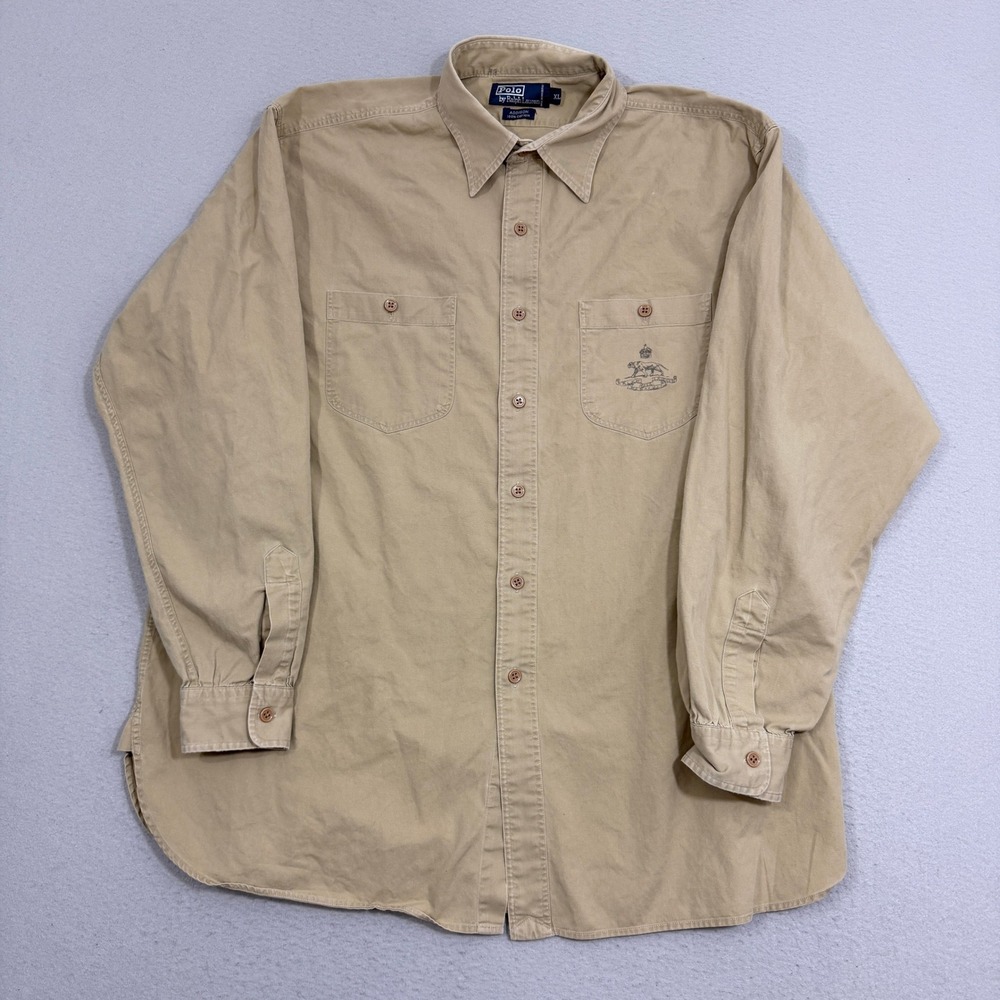 Vintage Polo Ralph Lauren Shirt XL Tan Addison Crest Logo Long Sleeve Cotton